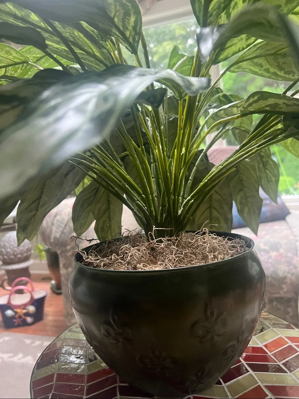 Chinese Evergreen (Aglaonema Decorative Faux Green Variegated Houseplant in Vase